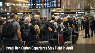 Israel Ben Gurion departures scene with travelers queueing in a constrained terminal under limited outbound capacity