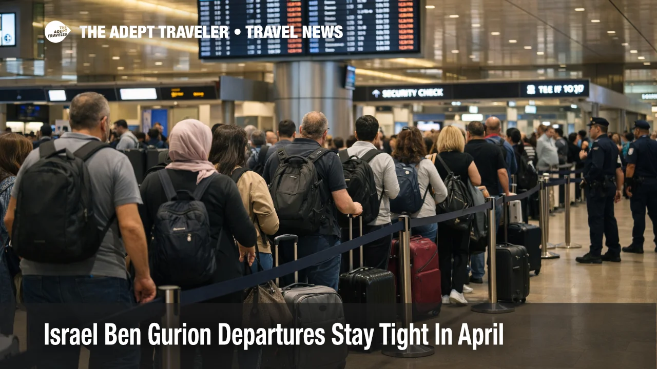 Israel Ben Gurion departures scene with travelers queueing in a constrained terminal under limited outbound capacity