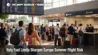 Passengers wait near departure screens at Venice Marco Polo Airport as Europe summer flight risk rises on fuel limits