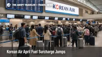 Korean Air fuel surcharge pressure shown by travelers queuing at Incheon departures during April long haul booking stress