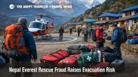 Nepal Everest rescue fraud planning scene near Lukla shows trekkers and a standby helicopter before a high altitude route
