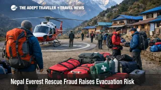 Nepal Everest rescue fraud planning scene near Lukla shows trekkers and a standby helicopter before a high altitude route