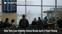 New York low visibility delays at LaGuardia show travelers waiting under departure boards as April 5 disruption spreads