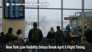 New York low visibility delays at LaGuardia show travelers waiting under departure boards as April 5 disruption spreads