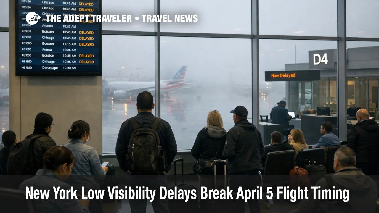 New York low visibility delays at LaGuardia show travelers waiting under departure boards as April 5 disruption spreads