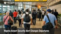 Nigeria airport security alert prompts travelers to move quickly from Lagos departures curbside into screening