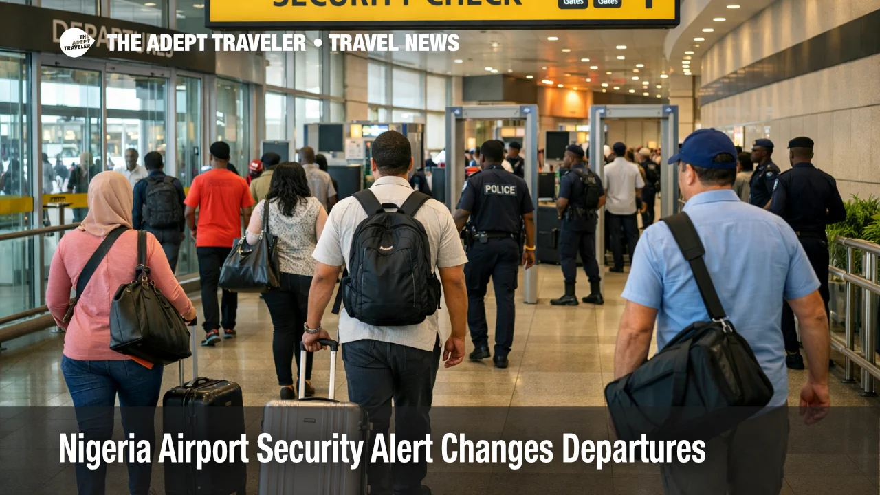 Nigeria airport security alert prompts travelers to move quickly from Lagos departures curbside into screening