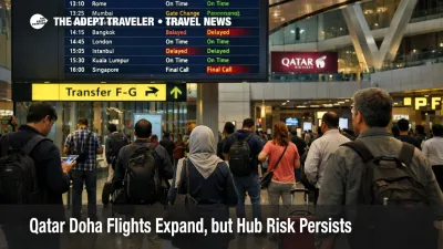 Qatar Doha flights shown on Hamad departure screens as travelers wait in a still constrained transfer hub