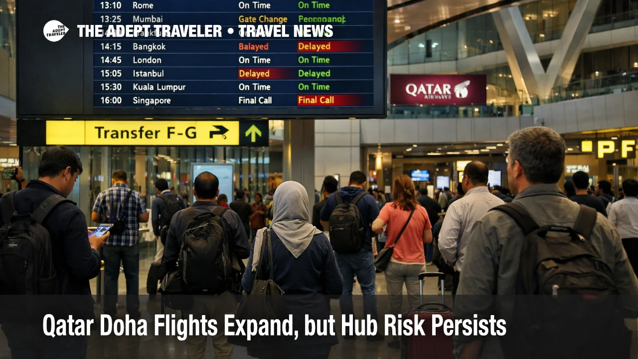 Qatar Doha flights shown on Hamad departure screens as travelers wait in a still constrained transfer hub