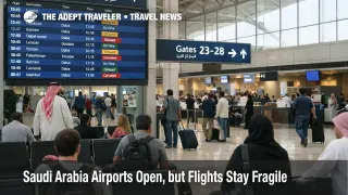 Saudi Arabia airport restrictions shown through a Riyadh departures hall with travelers waiting under mixed flight status screens