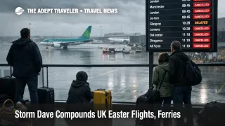 Storm Dave UK Easter travel disruption at Dublin Airport shows wet apron delays and stranded passengers