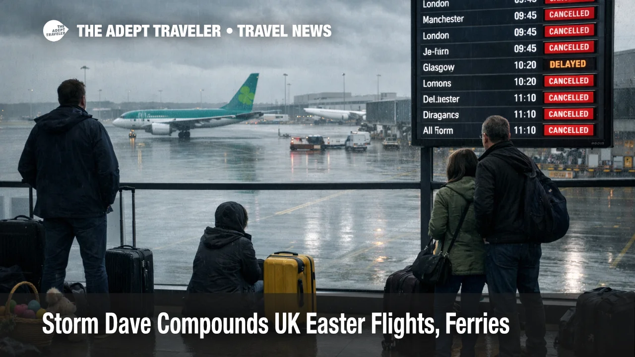 Storm Dave UK Easter travel disruption at Dublin Airport shows wet apron delays and stranded passengers