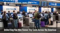 United bag fee hike shown at Chicago O'Hare baggage drop counters as travelers queue with checked luggage