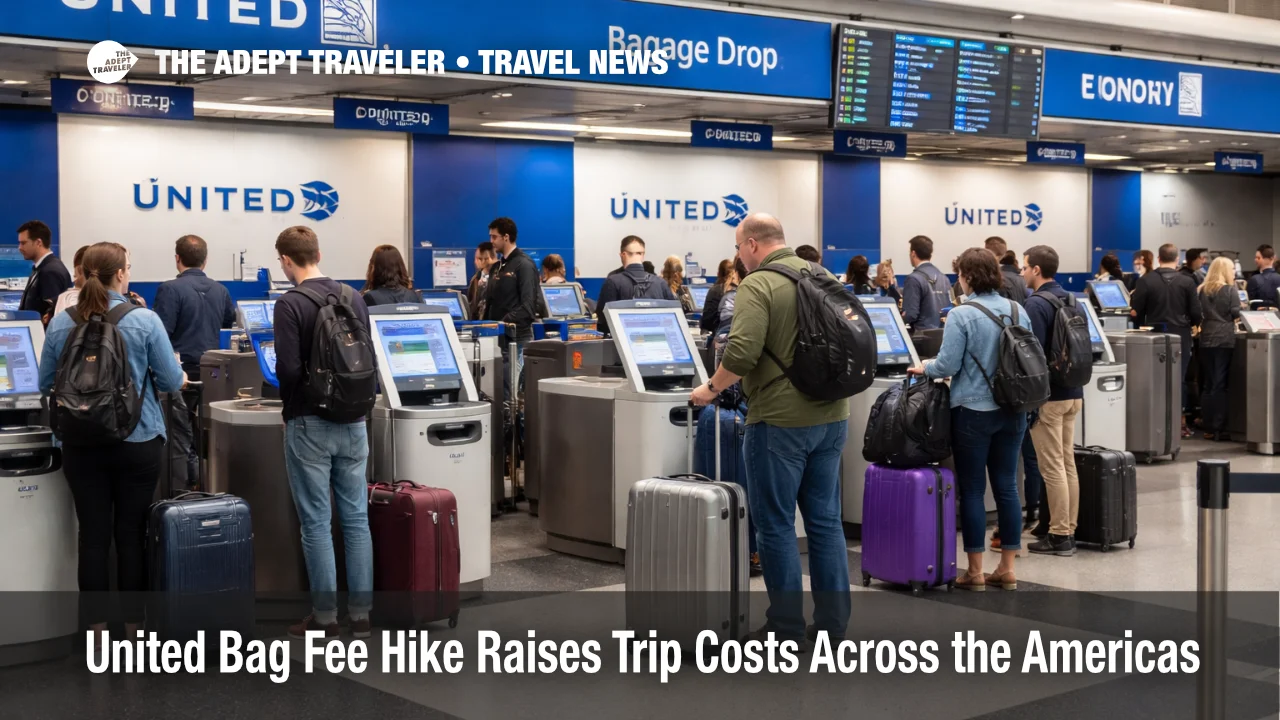 United bag fee hike shown at Chicago O'Hare baggage drop counters as travelers queue with checked luggage