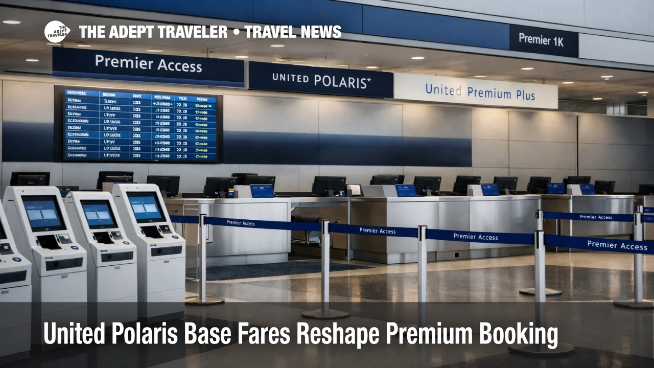 United Polaris base fares shown through a premium check in scene at Chicago O'Hare as fare perks become more segmented