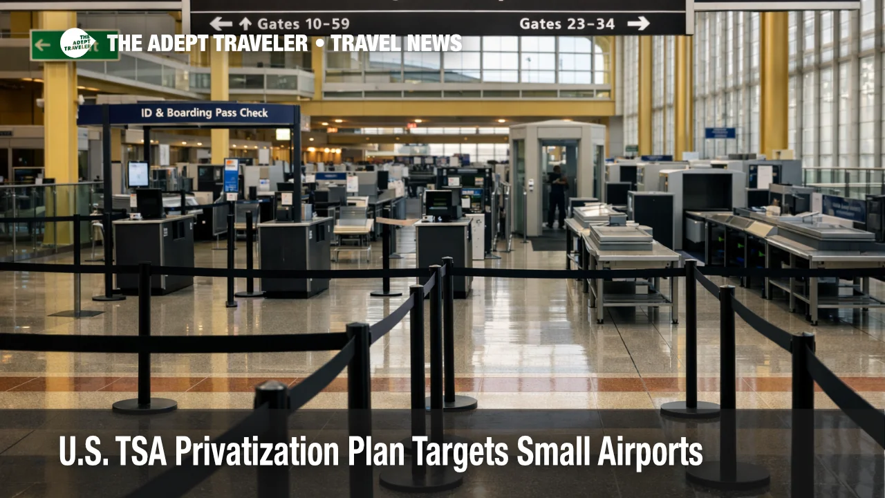 TSA privatization plan shown through a Washington airport security checkpoint process scene with screening lanes and queue controls