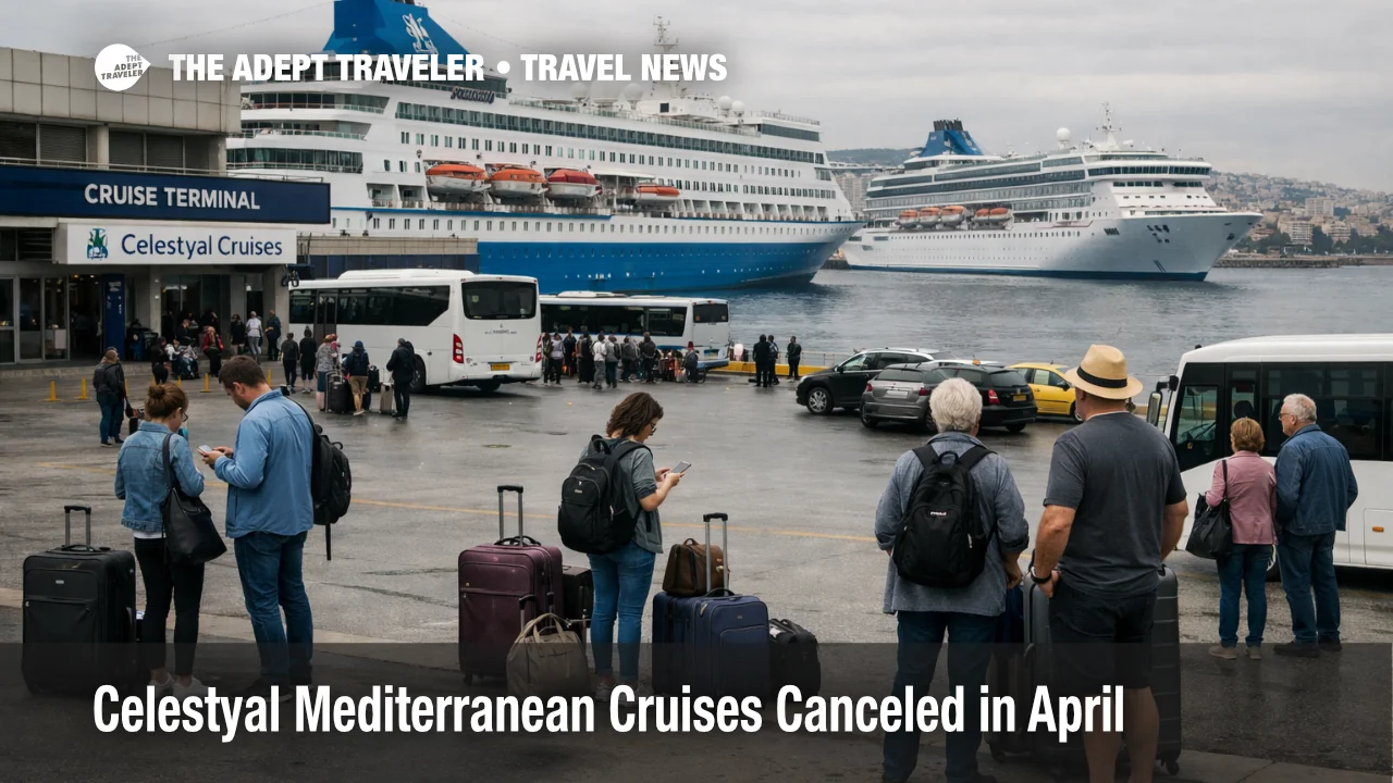 Celestyal April cruise cancellations leave travelers waiting with luggage at Piraeus as Mediterranean sailings vanish