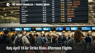 Italy April 10 air strike risk at Rome Fiumicino shows afternoon departure queues and delay screens