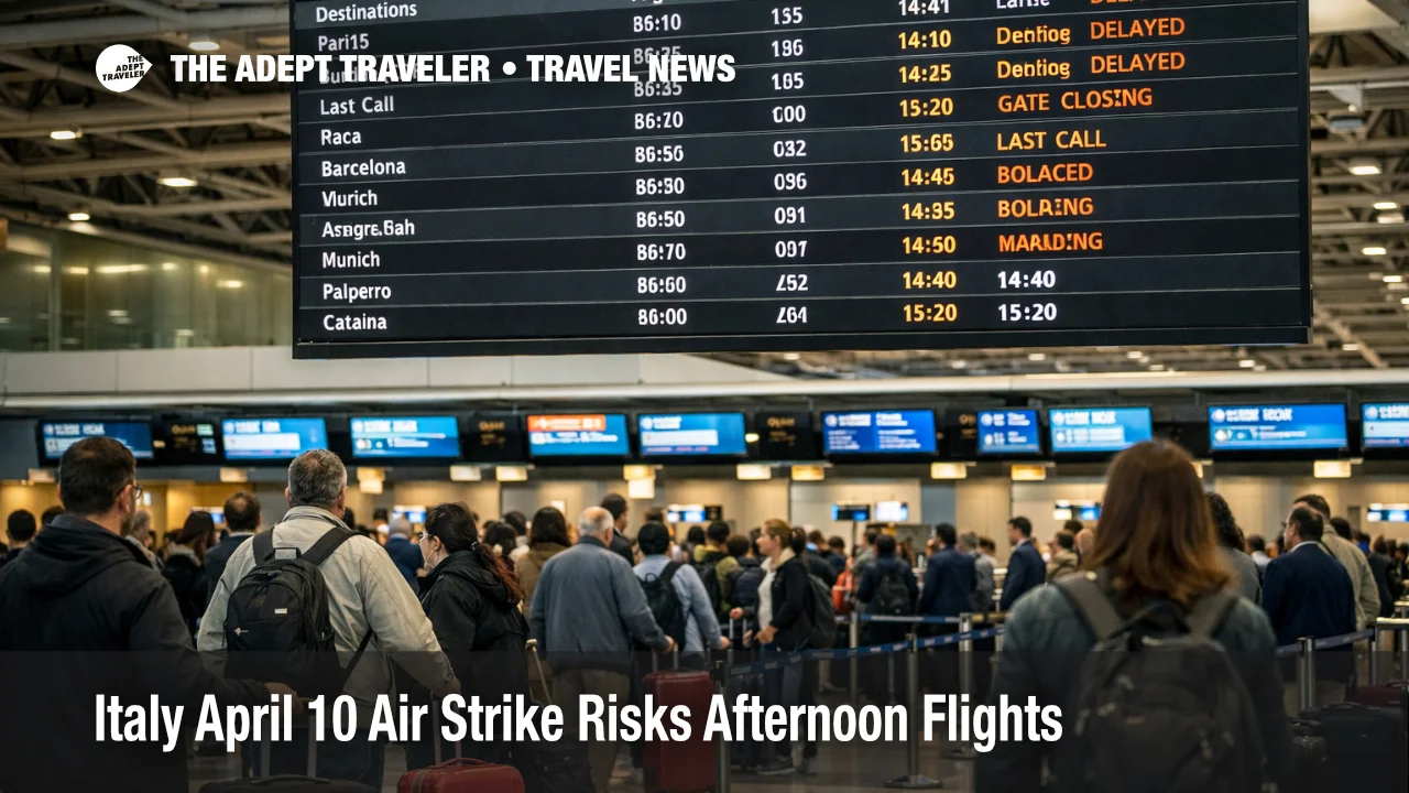 Italy April 10 air strike risk at Rome Fiumicino shows afternoon departure queues and delay screens