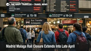 Madrid Malaga rail closure shown on Atocha station boards as travelers review canceled and rerouted April services