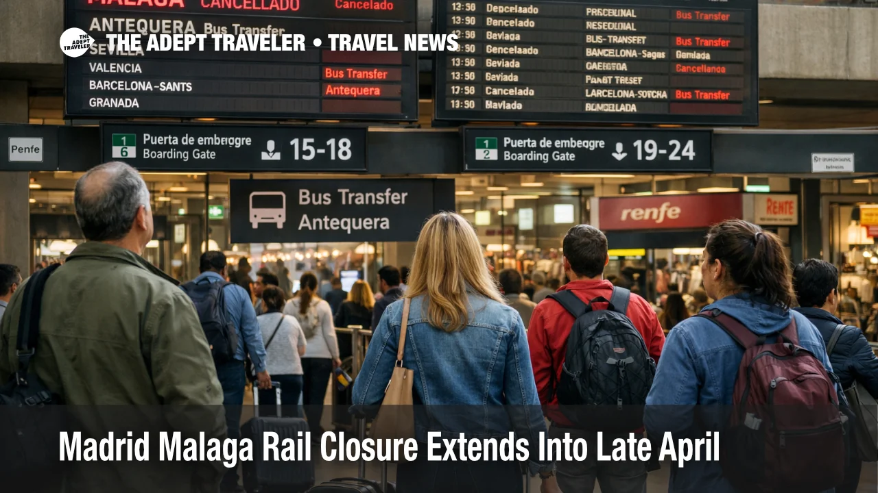 Madrid Malaga rail closure shown on Atocha station boards as travelers review canceled and rerouted April services