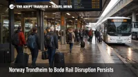 Passengers board rail replacement buses at Trondheim Central Station during the Trondheim to Bodø rail disruption