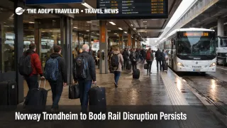 Passengers board rail replacement buses at Trondheim Central Station during the Trondheim to Bodø rail disruption