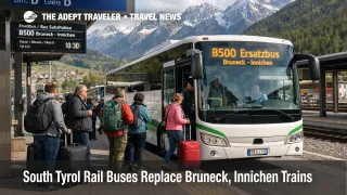 South Tyrol rail replacement buses board at Bruneck station during the Bruneck to Innichen train suspension
