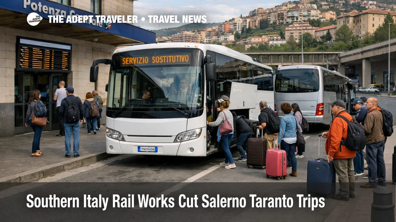 Passengers board replacement buses during Salerno Taranto rail works near Potenza as southern Italy journeys slow