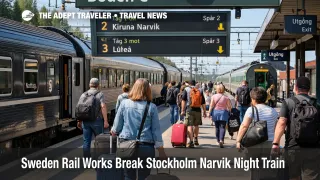 Stockholm Narvik night train disruption shown by travelers changing trains at Boden during northern Sweden rail works