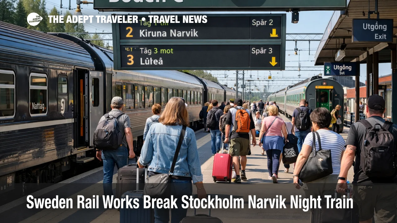 Stockholm Narvik night train disruption shown by travelers changing trains at Boden during northern Sweden rail works