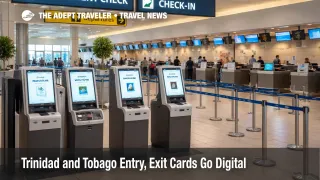 Trinidad and Tobago entry card process shown at Piarco check in with digital document stations and queue lanes.