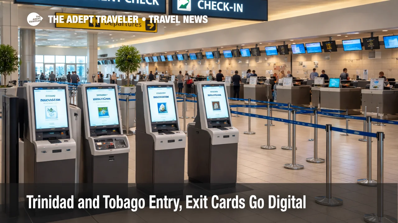Trinidad and Tobago entry card process shown at Piarco check in with digital document stations and queue lanes.