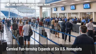 Carnival Fun-ternship program scene in a New York cruise terminal showing embarkation flow and active check in counters