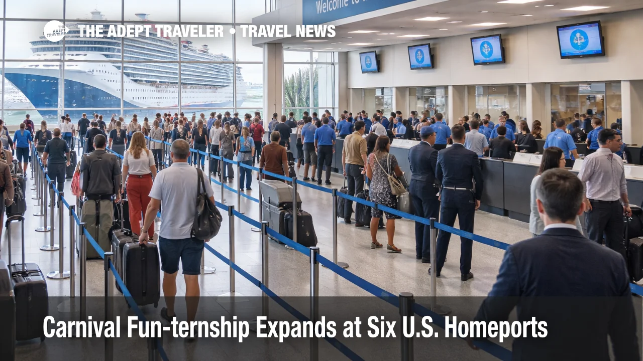 Carnival Fun-ternship program scene in a New York cruise terminal showing embarkation flow and active check in counters