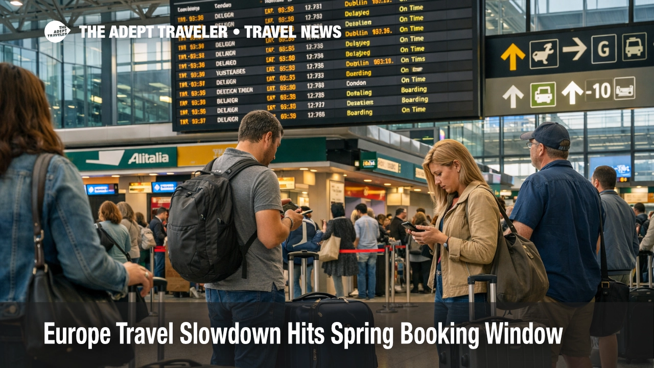 Travelers wait at Rome Fiumicino during the Europe travel slowdown as fuel costs and booking hesitation reshape spring trips