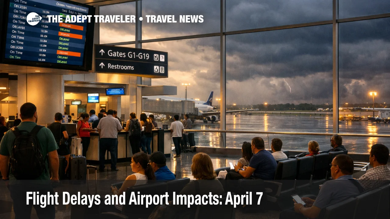April 7 flight delays build at Miami airport as travelers watch departure boards under stormy skies