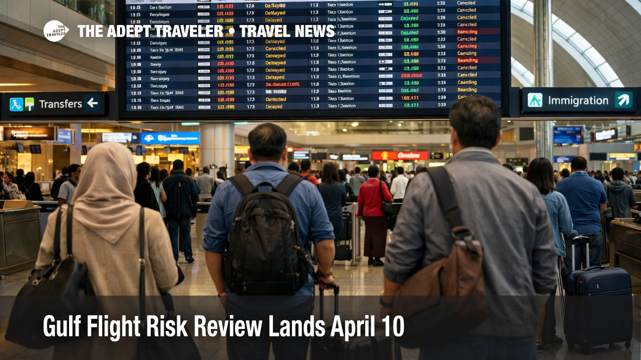 Travelers wait at Dubai International Airport as the Gulf flight risk review keeps mid April airline plans unstable