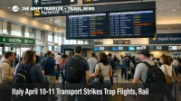 Italy April 10-11 transport strikes shown through Naples airport departure queues and delay screens before afternoon flights