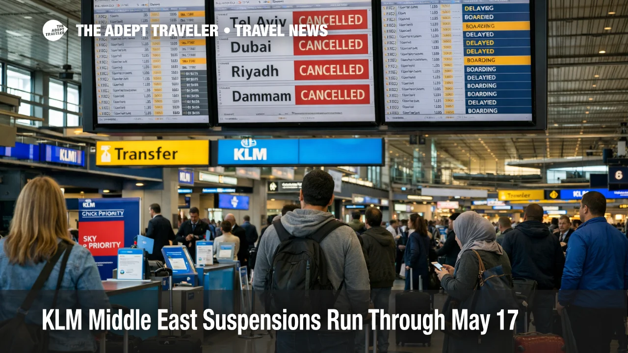 KLM Middle East suspensions shown on Schiphol departure boards as travelers wait for disrupted flights to Tel Aviv and Dubai