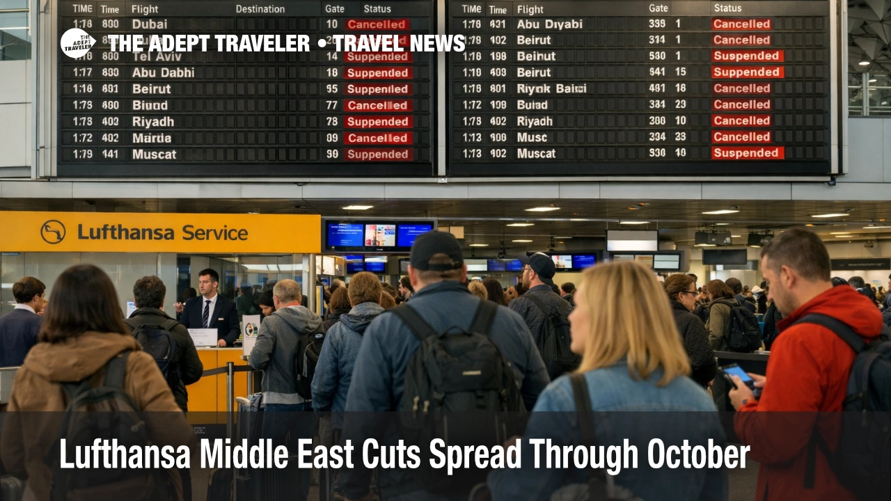 Lufthansa Middle East suspensions shown on Frankfurt Airport boards as travelers queue to rebook Gulf and Levant trips.