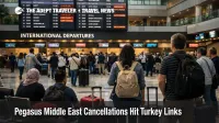 Pegasus Middle East cancellations shown through waiting travelers and departure screens at Istanbul Sabiha Gökçen Airport