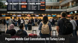 Pegasus Middle East cancellations shown through waiting travelers and departure screens at Istanbul Sabiha Gökçen Airport