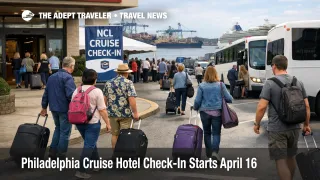 Philadelphia cruise hotel check-in scene shows NCL guests with luggage boarding shuttles before port screening in Philadelphia