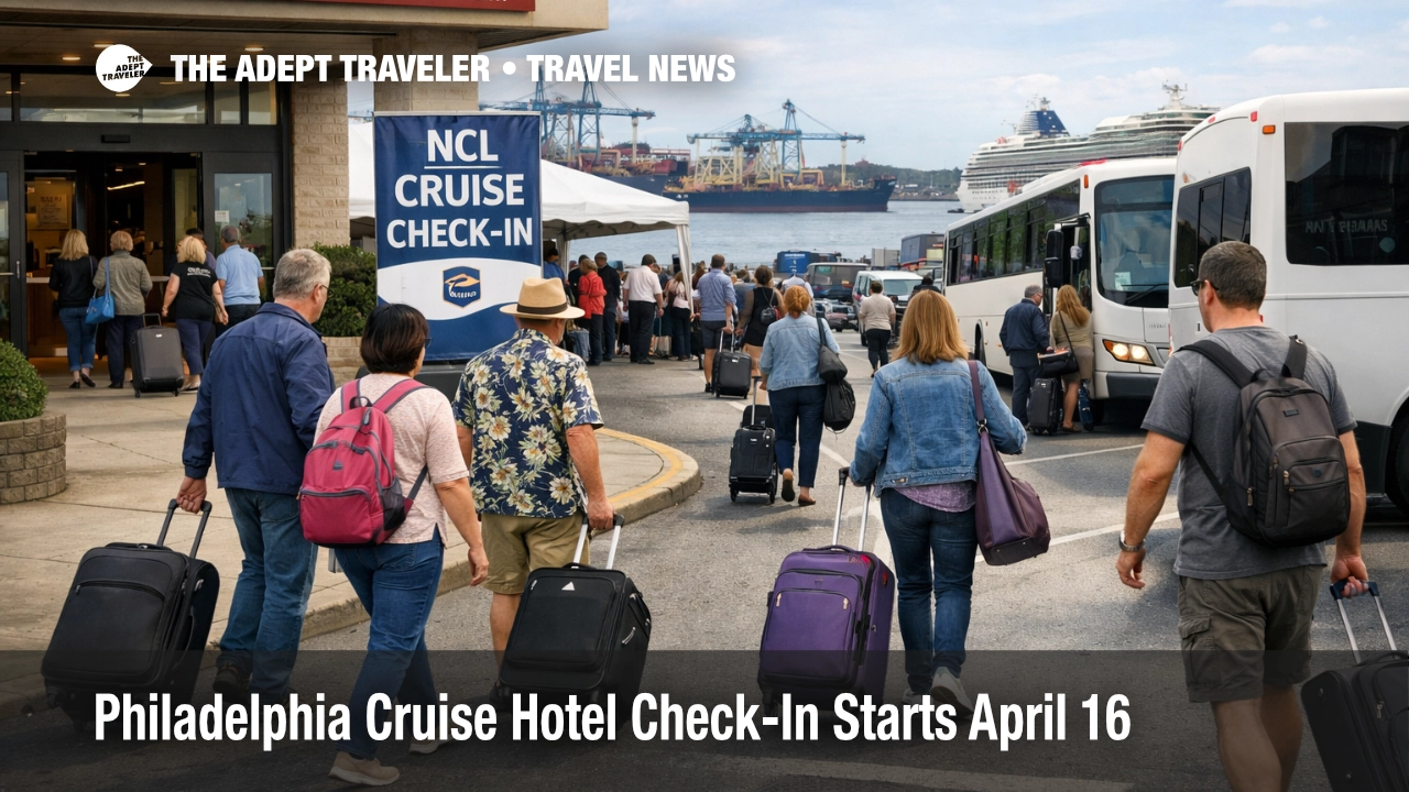 Philadelphia cruise hotel check-in scene shows NCL guests with luggage boarding shuttles before port screening in Philadelphia
