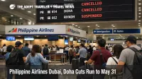 Philippine Airlines Dubai Doha suspension shown by waiting travelers at Manila airport check in for Gulf flights