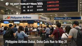 Philippine Airlines Dubai Doha suspension shown by waiting travelers at Manila airport check in for Gulf flights