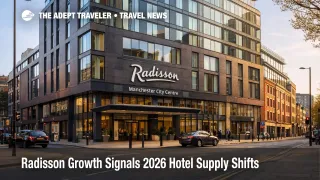 Radisson hotel expansion 2026 shown through a branded Manchester hotel exterior, signaling more urban room options