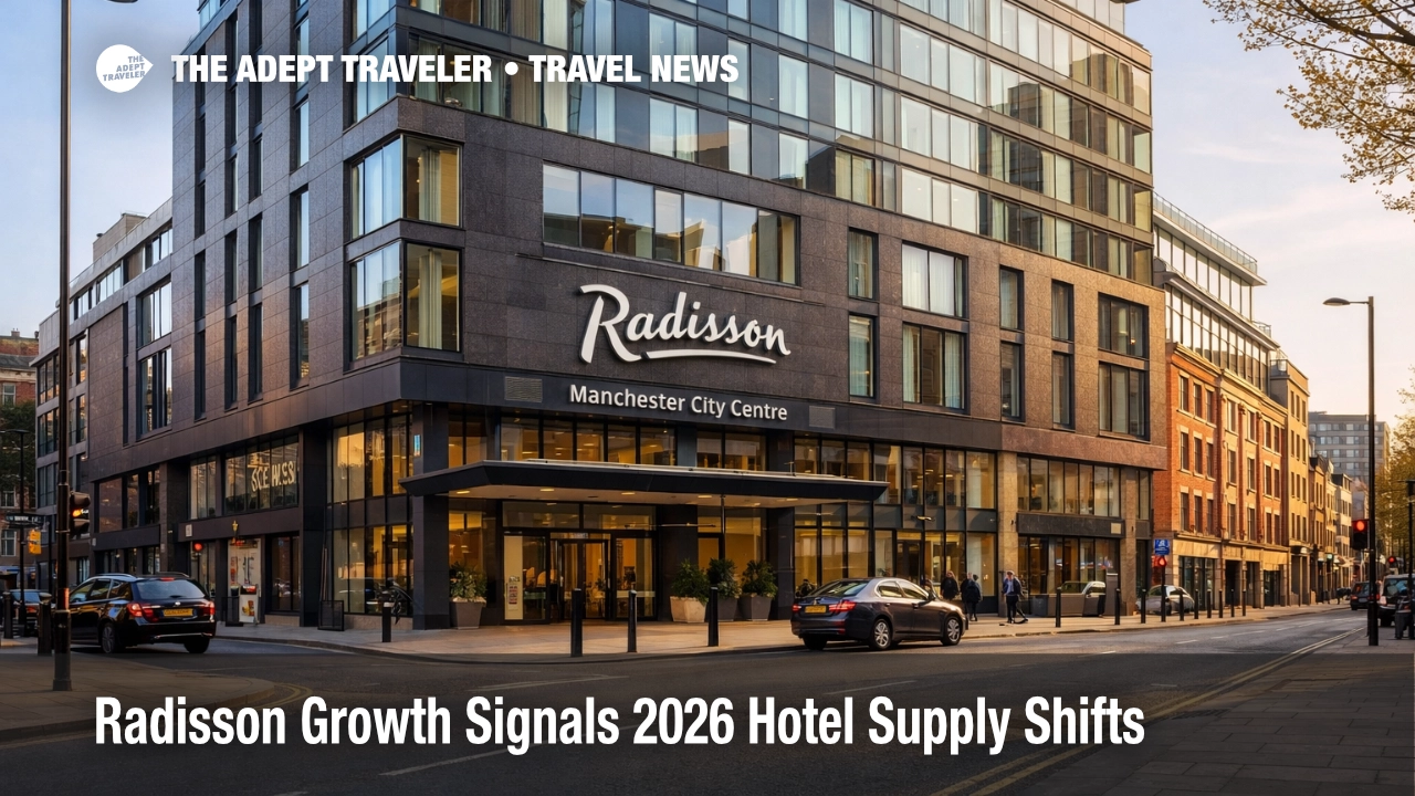 Radisson hotel expansion 2026 shown through a branded Manchester hotel exterior, signaling more urban room options