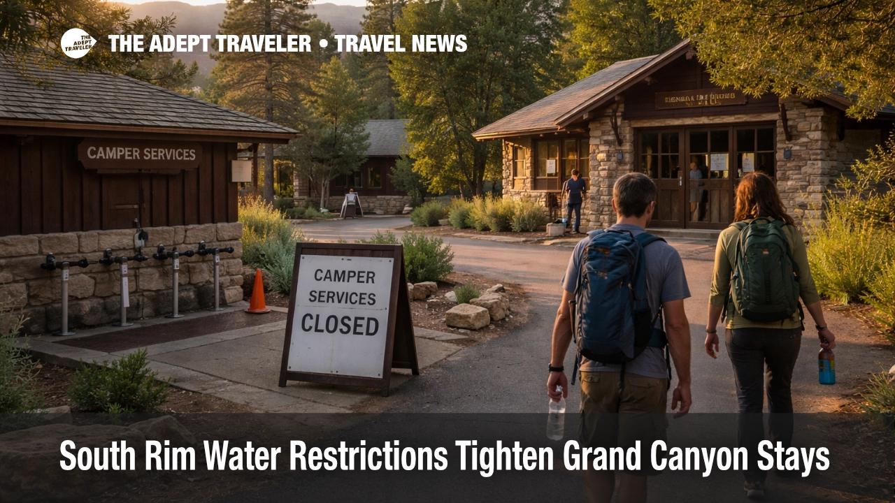 South Rim water restrictions at Grand Canyon shown through a quiet lodge and campground service area with visitors carrying water